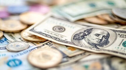 Poster - Close up view of assorted currency notes and coins creating a vibrant financial background : Generative AI