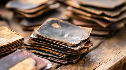 Poster - Vintage leather wallets stacked on a wooden surface showcasing nostalgia and craftsmanship : Generative AI