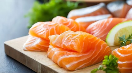 Poster - Fresh slices of salmon arranged beautifully on a wooden cutting board ready for sushi preparation : Generative AI