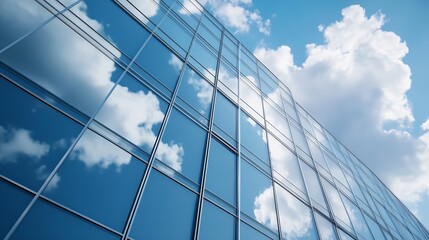 Aufkleber - Modern urban architecture with reflective glass building capturing the blue sky and fluffy clouds : Generative AI