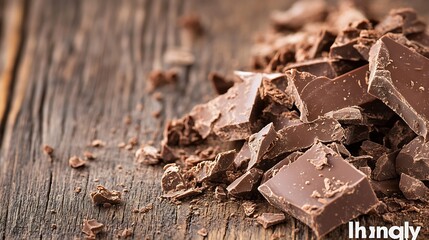 Aufkleber - Mouthwatering Dark Chocolate Pieces Scattered on a Textured Wooden Background : Generative AI