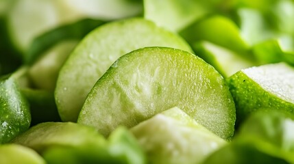 Poster - Closeup of fresh green cucumber slices surrounded by vibrant vegetables : Generative AI