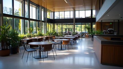 Leinwandbilder - Bright and Spacious Modern Cafe with Large Windows Surrounded by Green Indoor Plants : Generative AI
