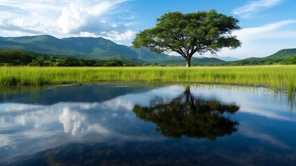 Poster - Majestic solitary tree reflecting in still water surrounded by lush greenery : Generative AI