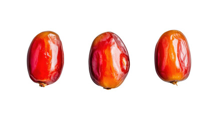 Wall Mural - Three fresh dates fruit showing vibrant red and orange colors on transparent background