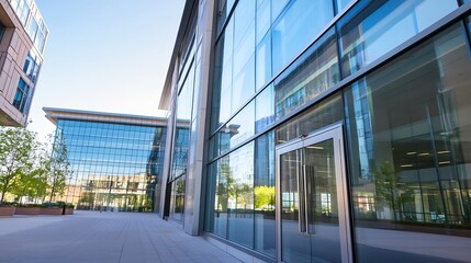 Poster - modern glass building exterior reflecting sunlight with clear blue skies and lush green surroundings