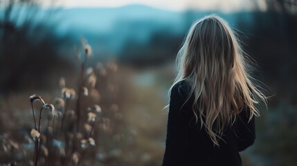 Poster - Young girl standing alone in a field with long flowing hair looking towards distant mountains at twilight : Generative AI
