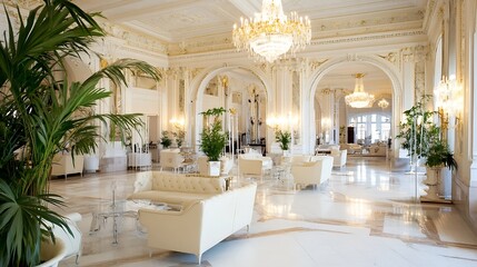 Aufkleber - Luxurious Indoor Lounge Area with Ornate Design Elements and Natural Light in Grand Space : Generative AI