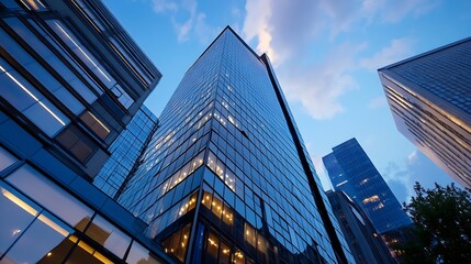 Aufkleber - Impressive modern skyscrapers reflecting clouds in the evening sky creating a stunning urban backdrop : Generative AI