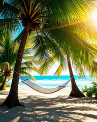 Wall Mural - Tropical beach with a hammock hangs between palm trees on white beach in sunshine day