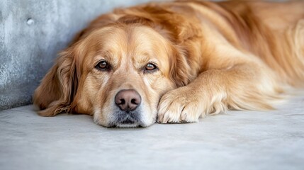 Poster - A golden retriever relaxing peacefully on a concrete surface with a serene expression : Generative AI