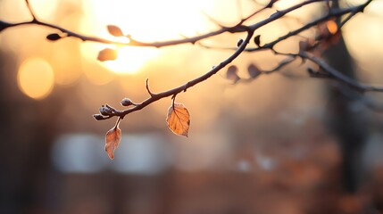 Aufkleber - Closeup of autumn leaves on branches illuminated by soft sunlight creating a warm and dreamy ambiance in nature : Generative AI