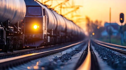 Poster - Closeup Capture of a Train Approaching at Dusk with Industrial Rails and Soft Sunset Lighting : Generative AI