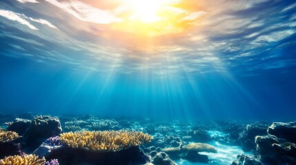 Aufkleber - Beneath the ocean's surface shimmering light filtering through the water featuring coral reefs : Generative AI