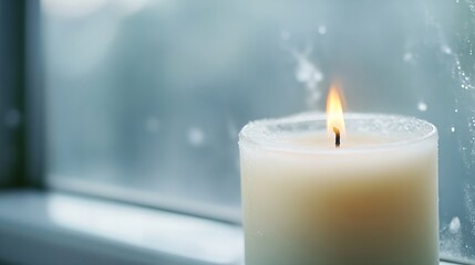 Poster - Tranquil candle glowing softly against the backdrop of a foggy window in a serene setting : Generative AI