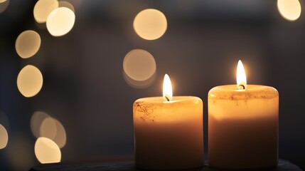 Leinwandbilder - Two glowing candles illuminating a dark setting creating a warm and inviting atmosphere for relaxation : Generative AI