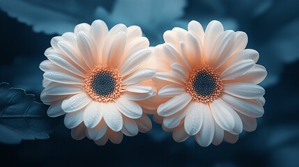 Canvas Print - Two pale gerbera daisies, close-up, dark background, nature scene; website header