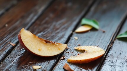 Aufkleber - Freshly sliced juicy apple pieces arranged beautifully on a wooden table : Generative AI