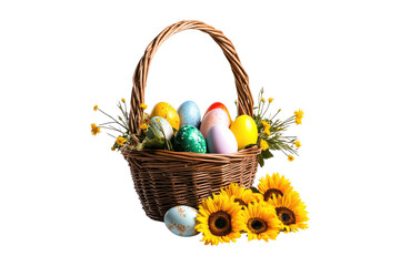 Wall Mural - Easter basket with colorful eggs and sunflower flowers isolated on white or transparent, PNG