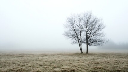 Poster - Mysterious foggy landscape with a solitary tree surrounded by empty field scenery : Generative AI