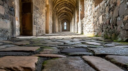 Poster - Historic Cobblestone Walkway Surrounded by Ancient Architecture Under a Bright Blue Sky : Generative AI
