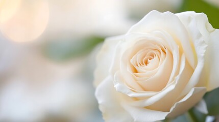 Poster - Elegant closeup of a beautiful white rose with soft delicate petals and dreamy bokeh effect in the background : Generative AI