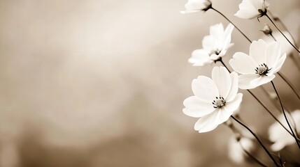 Poster - Delicate white flowers in soft focus against a blurred neutral background for a serene natural ambiance : Generative AI