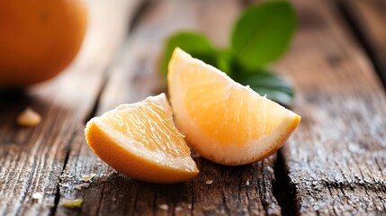 Aufkleber - Fresh Citrus Fruit Slices Decoratively Arranged on Rustic Wooden Table Surrounded by Green Leaves : Generative AI