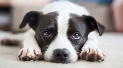 Poster - Adorable Dog with Beautiful Brown and White Coat Relaxing Comfortably on Soft Indoor Rug in Cozy Home Setting : Generative AI