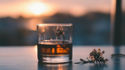 Aufkleber - Elegant Cocktail Glass with Flower Decoration Captured Against a Beautiful Sunset Background by the Water : Generative AI