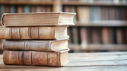 Poster - Stack of Antique Books on a Wooden Table in a Cozy Library Setting : Generative AI