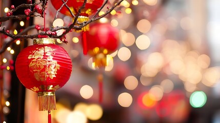 Poster - Vibrant traditional red lanterns decorated for a festive celebration glowing with golden lights : Generative AI