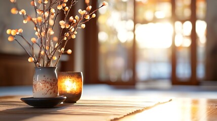 Leinwandbilder - Elegant decorative arrangement with soft glowing candle and decorative branches in a cozy interior : Generative AI