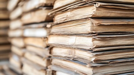Poster - A detailed view of vintage books stacked on top of each other showcasing their worn pages and textures : Generative AI