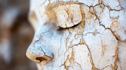 Aufkleber - Closeup of a weathered statue's face with cracked paint and serene expression : Generative AI