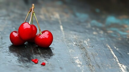 Poster - Vibrant red cherries on a dark blue surface with a touch of glossy shine : Generative AI
