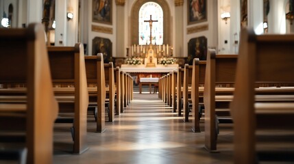 Aufkleber - Interior view of a serene church with wooden pews leading towards a cross and stained glass : Generative AI