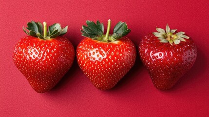 Canvas Print - Three ripe strawberries on red background, food photography, Valentine's Day