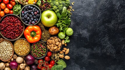 Poster - Colorful healthy food assortment on dark background; blog, recipe, cookbook