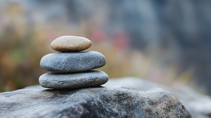 Poster - Balanced River Stones Stacked Neatly on a Cliffside with Soft Nature Background : Generative AI