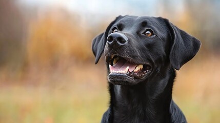 Poster - Happy playful black Labrador retriever with expressive eyes enjoying the outdoors with a beautiful natural background : Generative AI
