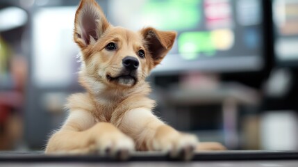 Poster - Adorable puppy lying on the floor in a cozy indoor setting with vibrant colors in the background : Generative AI