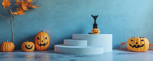 Wall Mural - Spooky season product presentations with halloween pumpkins decorating a white podium against a blue wall background