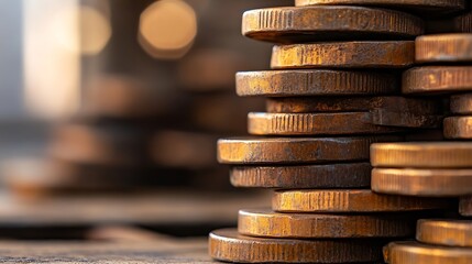 Close up of vintage coins stacked together showcasing unique texture and aged appeal : Generative AI