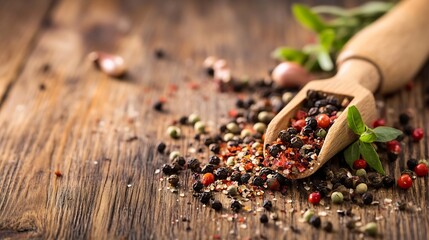 Poster - Aromatic Mixed Peppercorns Spilled from a Wooden Scoop on a Rustic Wooden Table : Generative AI