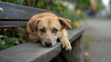 Poster - Adorable golden dog relaxing on a park bench with a thoughtful expression : Generative AI