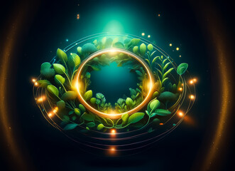 Wall Mural - a luminous circle of leaves radiates against a dark backdrop, creating a nature-inspired design. gre