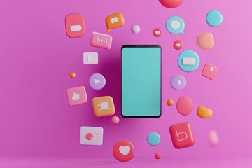 Leinwandbilder - Smartphone surrounded by colorful social media icons representing various online platforms and connectivity