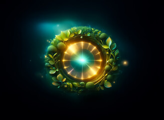Wall Mural - a luminous orb surrounded by vibrant green leaves, emitting a bright light in a dark, dreamy space, 