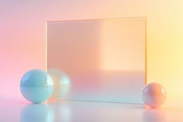 Fototapete - Pastel-colored spheres frame a reflective glass sheet, creating an inviting, modern abstract scene.